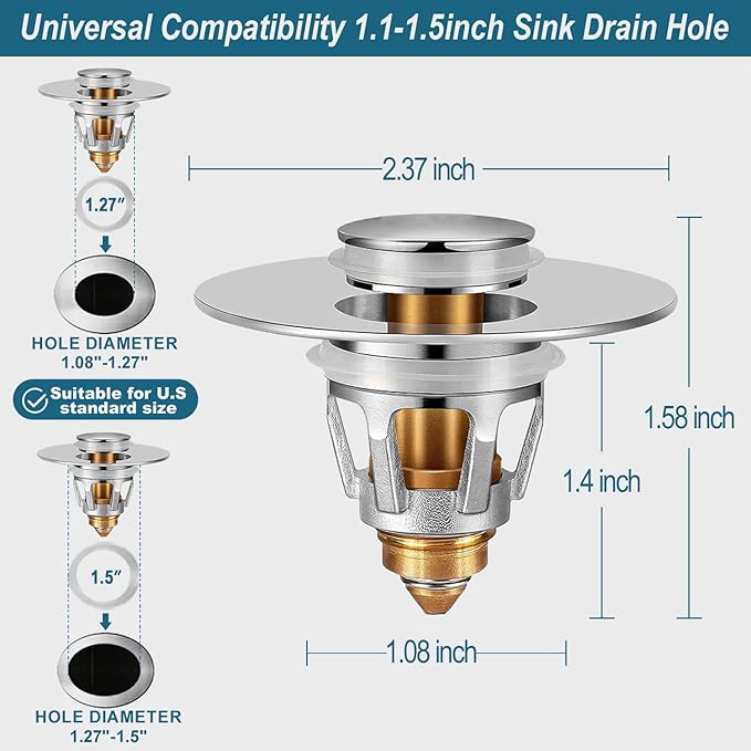 Universal Bathroom Sink Stopper - Upgraded Pop Up Sink Drain Strainer, Fits 1.1-1.5 Inch U.S. Standard Drain Holes - Anti-Clogging Filter with Sink Hair Catcher - Pure Brass Sink Drain Stopper