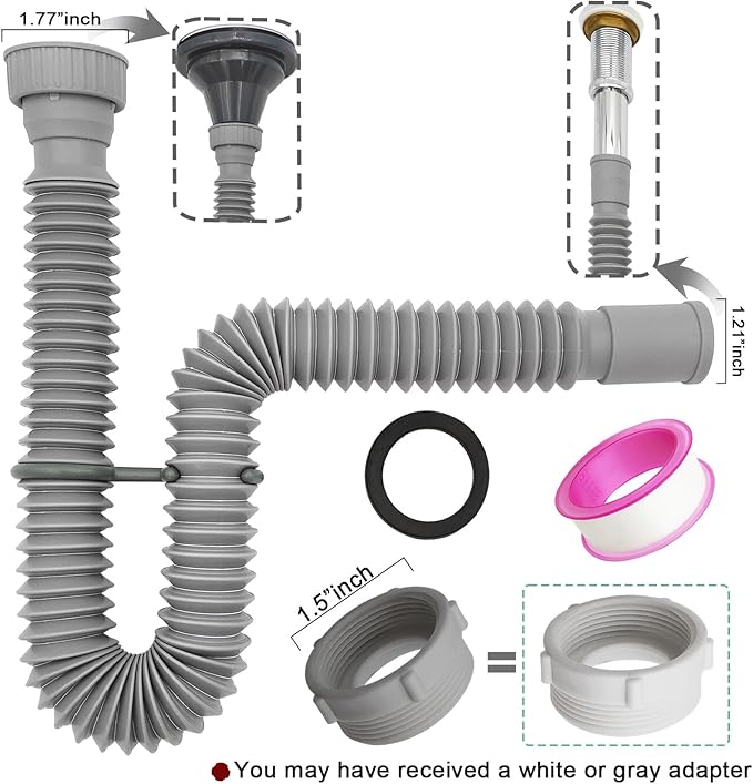 Flexible Expandable Bathroom P Trap, 1 1/4 to 1 1/2 Sink Drain Adapter Included, Wash Basin Rubber Tips Sink Drain Pipe, Universal Extension Tube for Kitchen Bathroom Sink Sewer Drain