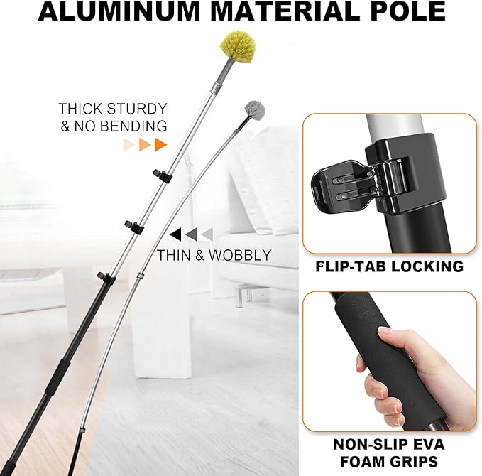 4-12ft Cobweb Duster with Extension Pole, 20 Foot High Reach Feather Dusters with Bristles for Cleaning Outdoor Indoor, 4-Stage Spider Web Remover with Telescopic Pole for Ceiling Wall Yellow