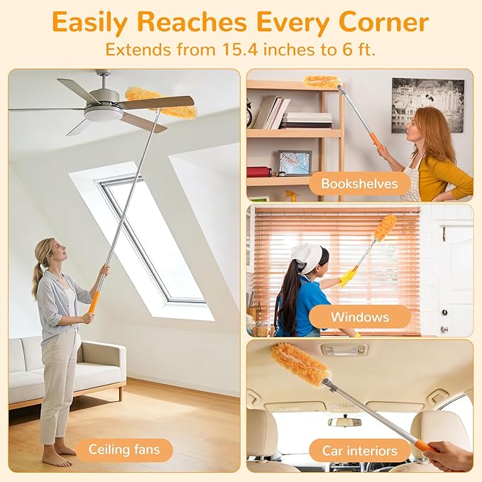 6 ft Heavy Duty Extendable Duster Handle with 50 Refills for Swiffer Duster, 360° Multi-Surface Dusters with 4X Cleaning Power for Home, Ceiling Fans, Windows, Dusting Hard-to-Reach Areas (Orange)