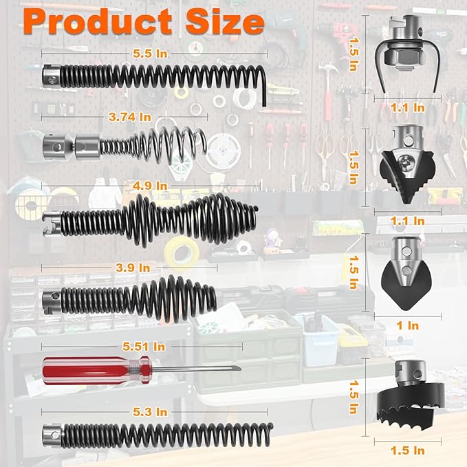 10Pcs Drain Snake Drill Attachment, Compatible with K-400, C-4, C-6, C-7, C-8, C-9, Drain Auger Cutter Kit for 5/8" Drain Snake Cable Heads Tips, Includes 4 Cutters and 5 Spirals