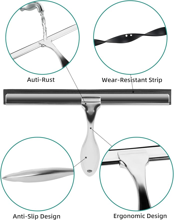 All-Purpose Stainless Steel Shower Squeegee Come with S Hook, 2 Square Sticky Hook 2 Rubber Strips Shower Squeegee for Glass Doors, Windows, Mirrors, Tiles and Car Glass -12 Inches Silver