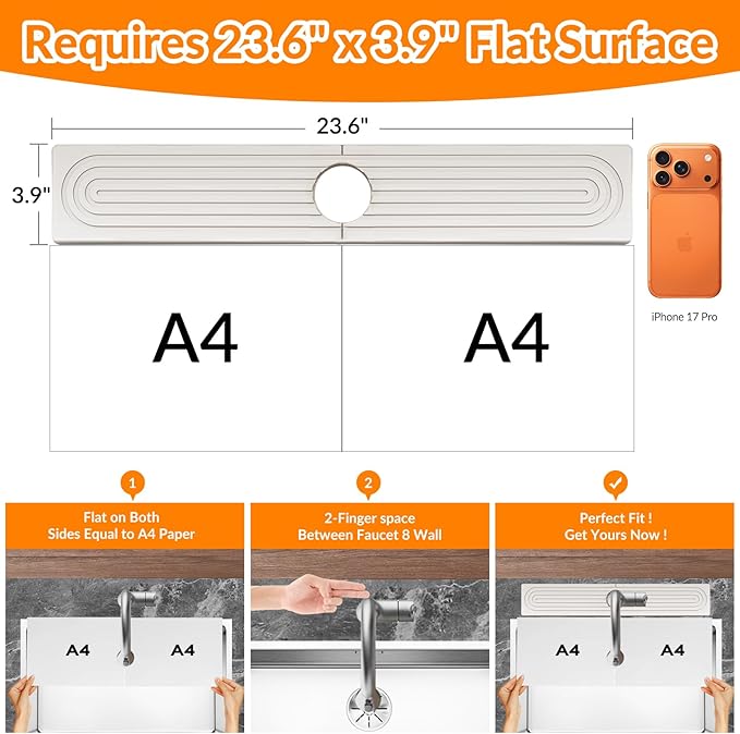 23.6 Inch Stone Faucet Mat for Kitchen Sink Splash Guard, Diatomite Sink Protectors for Kitchen Sinks Behind Faucet, Quick Dry Water Absorbing Stone Tray , Drip Catcher (White, 23.6" x 3.9")