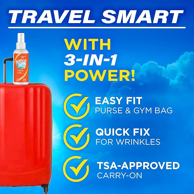 Bounce Anti Static Spray, 3 in 1 Instant Anti Static Spray & Instant Wrinkle Release, Odor Eliminator & Fabric Refresher, Travel Size (3 Oz,Pack of 3)