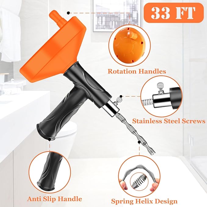 33 FT Drain Snake Auger, Plumbing Snake Drain Hair Clog Removal Tool, Sink Unclogger Drain, Heavy Duty Drum Auger, Cleaner Tool for Bathroom Kitchen Tub Shower Drain Clog Remover with Gloves
