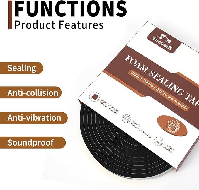 Yotache Foam Tape 3/8" x1/8", Weather Stripping for Doors and Window High Density Foam Seal Tape Sliding Door Weather Strip, 3 X 16.5 Ft Each, Total 50 Feet Long