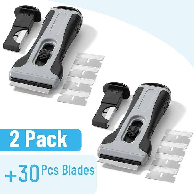 Bates- Razor Blade Scraper Tool, 2 Pack, Gray, 30 Extra Carbon Steel Blades, Anti-Slip Ergonomic Handle Design, Razor Scraper with Buid-In Blade Storage for Cleaning Window, Paint, Oven, Glass Stove