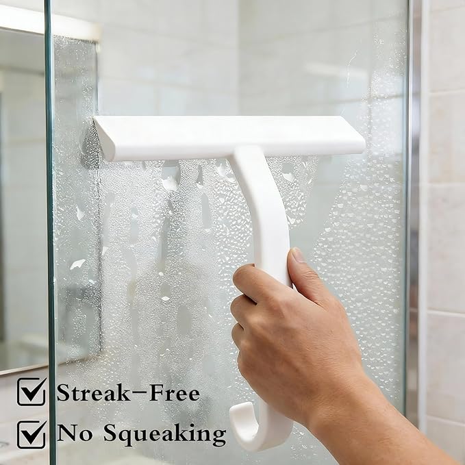 Shower Squeegee for Glass Doors - Squeegee for Shower Glass - All-One-Piece Silicone Cleaner with Built-in Hook for Bathroom, Glass, Mirror, Tile, Car & Kitchen (White)