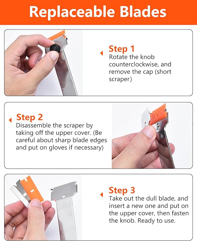 Razor Blade Scraper, Long Handle Scraper Tool with 10 Plastic and 10 Metal Blades - Ideal for Removing Labels, Stickers, Appliance Grease, and More from Windshields, Tint, and Glass (Orange)