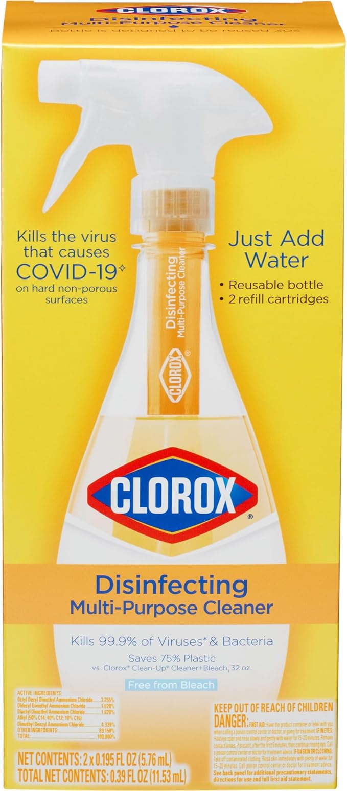 Clorox Disinfecting Multi-Purpose Cleaner Starter Kit, Household Essentials, One Reusable Spray Bottle Plus 2 Refills