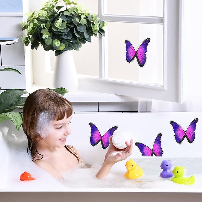 20 Pcs Non Slip Bathtub Stickers Anti Slip Shower Stickers Butterfly Anti Skid Bathtub Decals Adhesive Shower Grips Peel and Stick Treads Applique with Scraper(Purple,Butterfly)