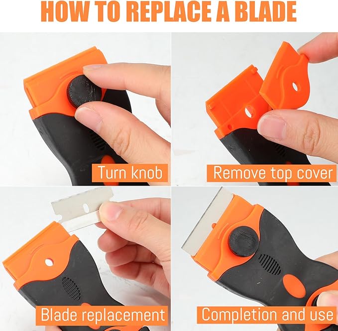 WILLBOND 72 Pcs Double Razor Blade Scraper Tool Set 12 Pcs 2 in 1 Razor Scraper Remover 60 Pcs Metal and Plastic Blades for Decal, Sticker, Label, Caulk Adhesive, Paint Stovetop, Subfloor (Orange)