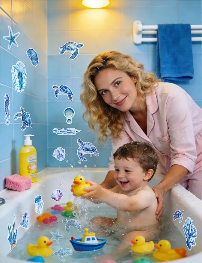 26Pcs Non Slip Bathtub Stickers, Cute Turtle Stickers with Scraper, Sea Creature Anti Slip Bath Tub Shower Decal with Adhesive Back for Bathroom, Shower Stairs