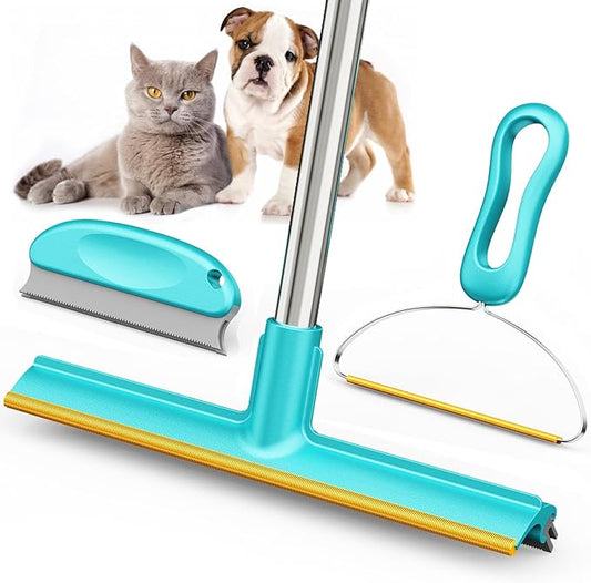 Carpet Rake for Pet Hair Removal (3 Pack), Dog Cat Fur Remover Rubber Broom, Stainless Steel Long Handle Lint Shaver Cleaner Tools, Scraper Brush for Carpet, Rug, Car Mat, Couch, Pet Bed