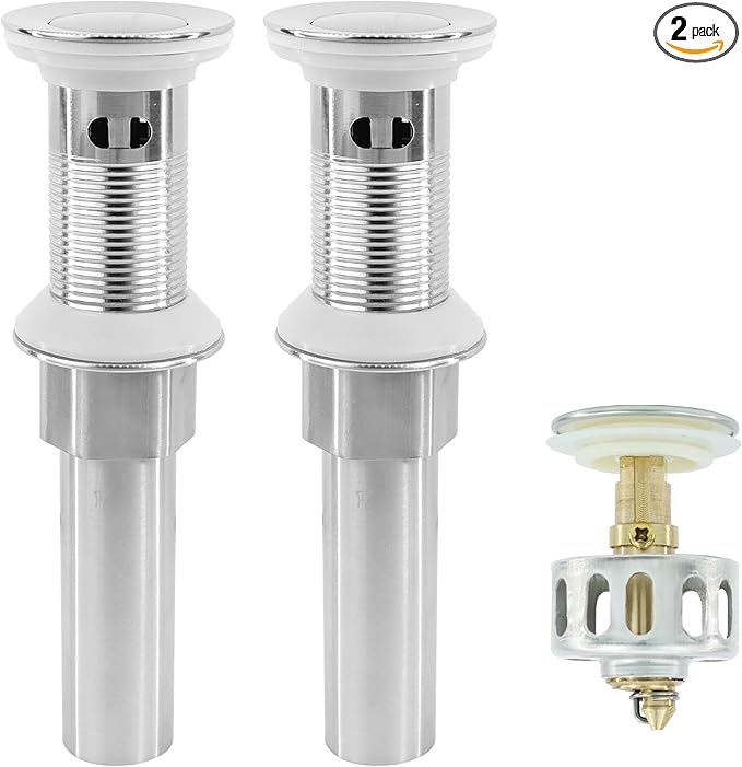Bathroom Sink Drain,2 Pack Drain Stopper with Overflow,Small Cap Pop Up Drain Assembly with Detachable Strainer Basket,Built-in Anti-Clogging, Stainless Steel Nut Brushed Nickel