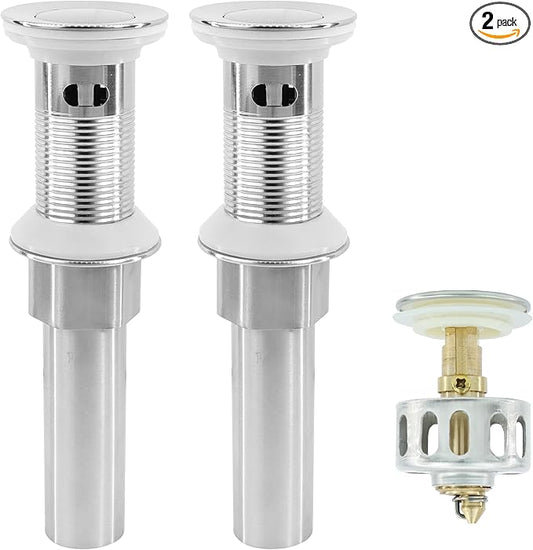 Bathroom Sink Drain,2 Pack Drain Stopper with Overflow,Small Cap Pop Up Drain Assembly with Detachable Strainer Basket,Built-in Anti-Clogging, Stainless Steel Nut Brushed Nickel