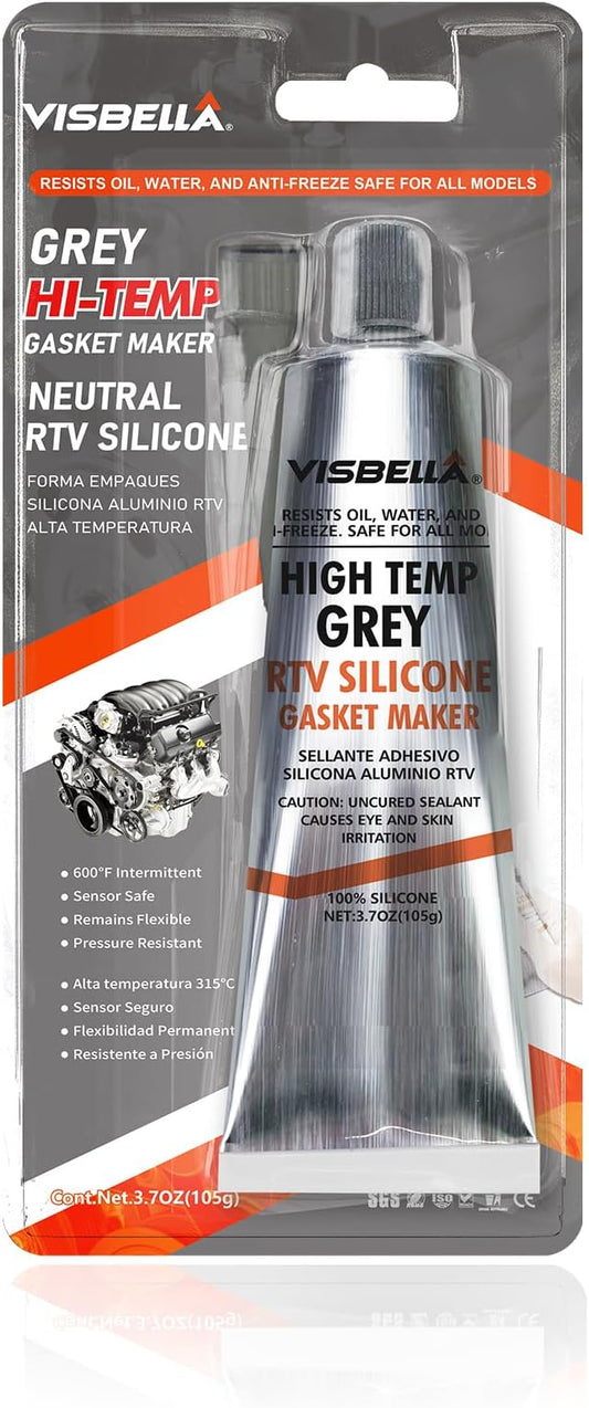 Visbella High Temperature RTV Silicone Gasket Maker, Sealed Oil Resistant Waterproof Quick Dry Liquid for Bonding Internal Combustion, Steam Turbines, Automotive Engine Parts 3.7OZ (Grey)