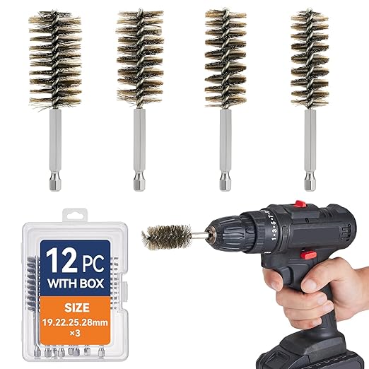 12 Pcs Stainless Steel Bore Brush, Wire Brush for Drill Set with 1/4 Inch Hex Shank, Abrasive Wire Bore Brush for Power Drill, Rust Polish and Tube Cleaning (19,22,25,28mm)