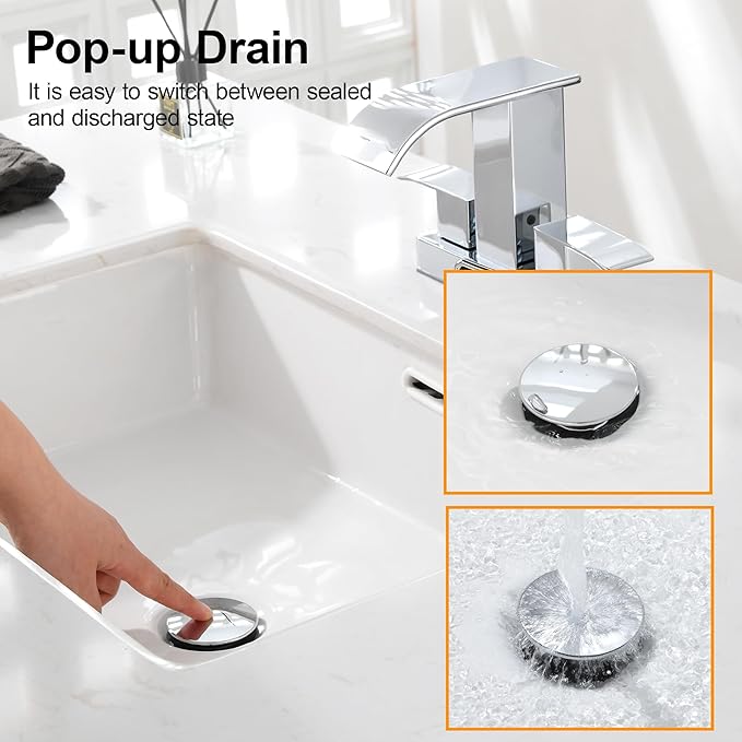 Chrome Pop Up Bathroom Sink Drain, with Overflow Plastic Bathroom Sink Stopper for Faucet Vessel, Push Type Bathroom Sink Vanity Assembly with Strainer