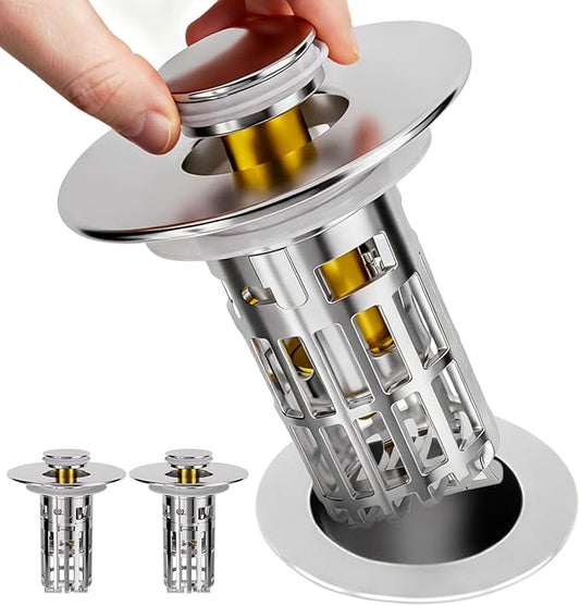 zaa Bathroom Sink Drain Strainer - (2 Pc) 3 in 1 Sink Stopper Bathroom Drain with Removable Filter Basket for Easy Clean, Pop Up Sink Drain Stopper for 1.1'' to 1.6'' Basin, Brass Core, 10000+ Tested