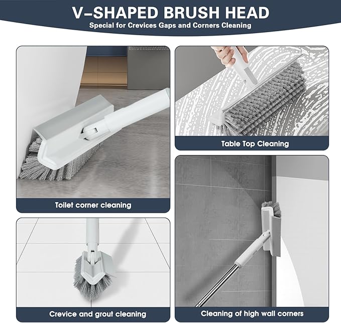 4 in 1 Disposable Dust Mop with Squeegee & Floor Scrub Brush with Long Handle, 2 Shiny Towels Wipes Cleaning Cloths, 2 Crevice Brush, Snap Grip Mini Mop for Windows Car Glass Floor Shower Bathroom