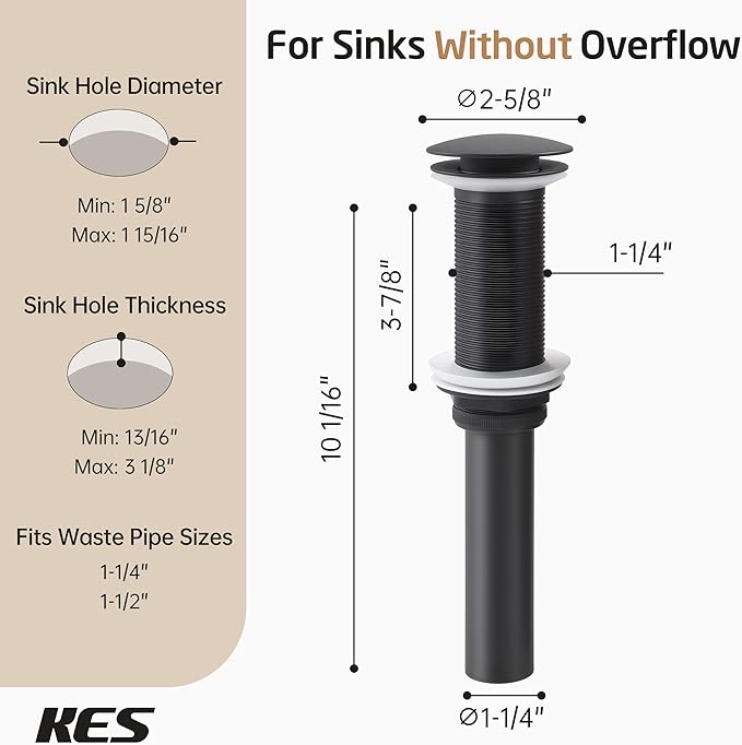 KES Bathroom Sink Drain with Extended Thread, All Metal Pop Up Drain Stopper without Overflow for Thicker Vessel Sinks and Countertops, Brass and Stainless Steel Matte Black, S2022D-BK