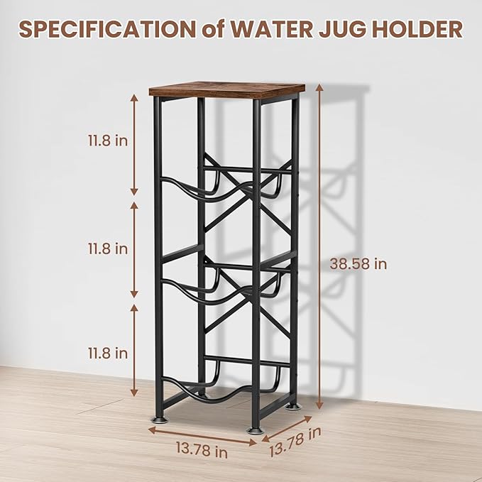 5 Gallon Water Jug Holder, 3-Tier Water Bottle Holder with Wood Top Shelf, Heavy Duty Water Cooler Jug Rack, Water Dispenser Storage Stand for Kitchen Office and Living Room