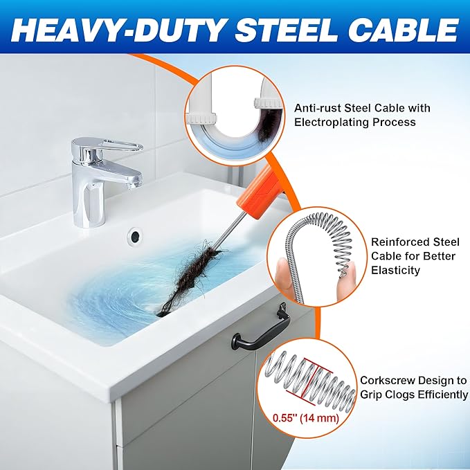 Auto Feed Drain Auger with Drill Adapter, 33 Feet Drain Snake Hair Clog Remover, Manual or Powered Plumbing Snake Drain Cleaner for Bathroom, Shower, Kitchen Sink, Comes with Gloves