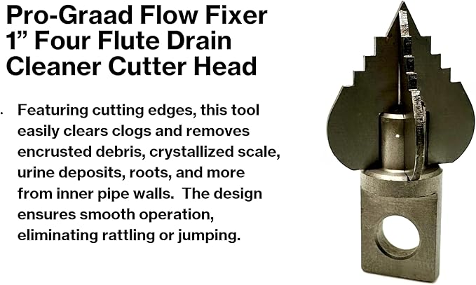 1” Spear 4 Flute Flow Fixer Drain Cleaner Plumbing Snake Cutter Head for 1-1/4” – 2” Pipes, Clears & Scrapes Inner Walls, Fits 3/8” 1/2" or 9/16” Cables, Commercial & Residential Use