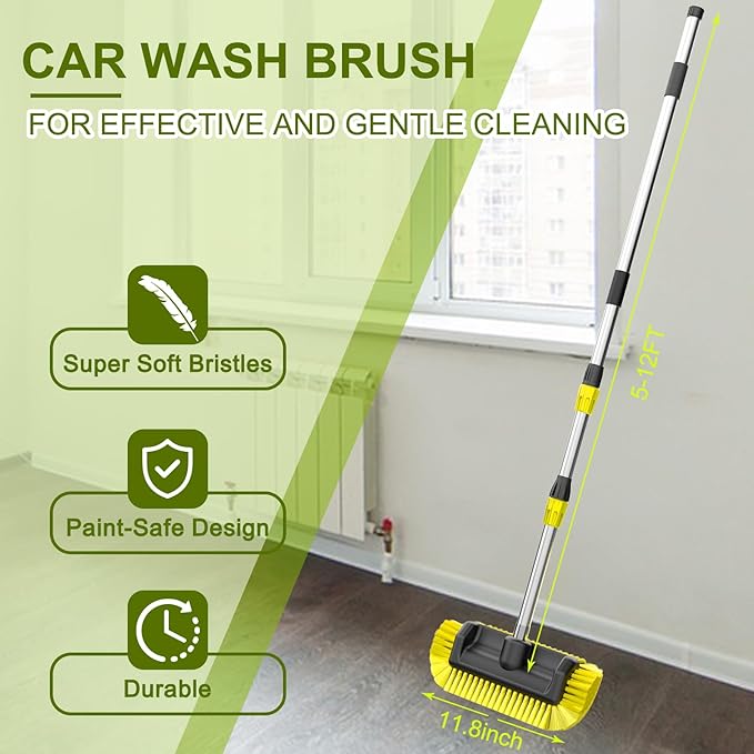 12FT Car Wash Brush with Long Handle, Telescopic Car Wash Brush with Soap Dispenser, 12-Inch Soft Bristle Car Cleaning Brush for Cleaning Car, RV, Truck, Boat, Solar Panels, Yellow