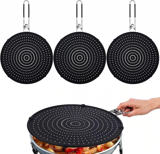 3 Pcs Silicone Splatter Screen for Frying Pan Grease Oil Splatter Collapsible Splash Guard Heat Resistant Multi Use for Baking and Cooking(Black)
