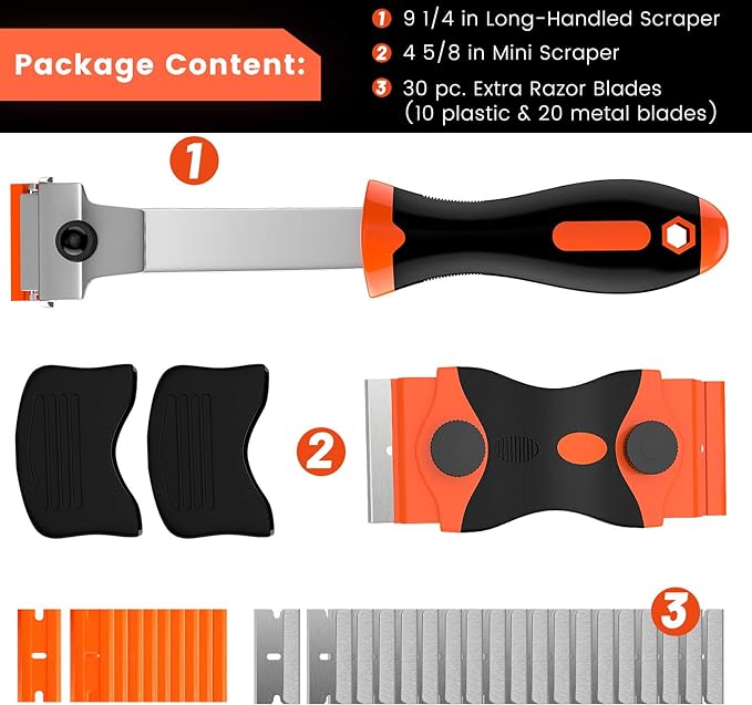 DEKEones Razor Blade Scraper, 2 PCS Razor Scraper Tool for Removing Label, Registration Sticker, Tint, Grease from Windshield, Appliance, Glass (Extra 20 Metal and 10 Plastic Blades)