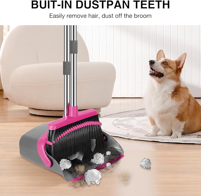 NACENA Broom and Dustpan Set, 52-in Long Adjustable Handle Broom Dustpan Combo with Dust pan Teeth to Automatically Clean Hair Suitable for Home Kitchen Office Hall Floor (Grey&Rose), 2 Pack