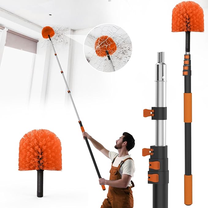 26FT Reach Cobweb Duster with Extension Pole - Spider Web Brush for Cleaning with 5-20FT 4-Section Flip-Lock Telescopic Pole, Effortlessly Cleans High Indoor & Outdoor Webs