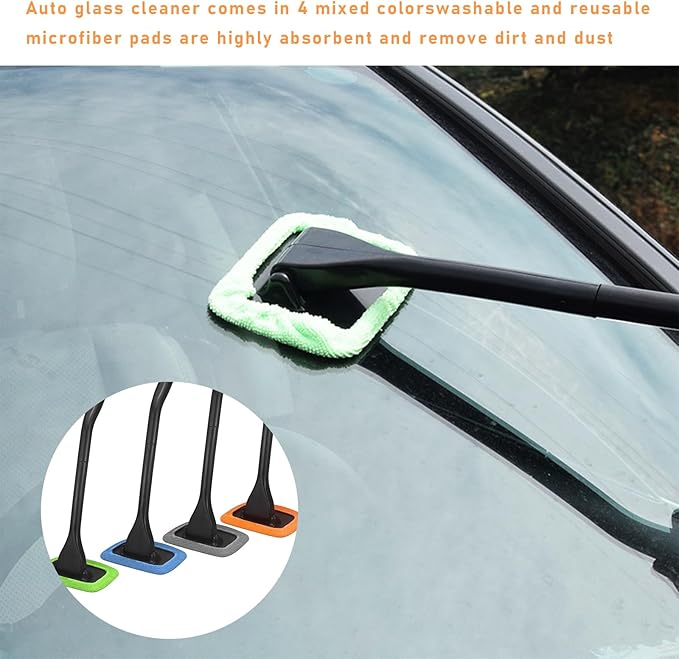 Car Windshield Cleaning Tool, Microfiber Window Cleaner with 4 Washable and Reusable Cloth Pad & Long Handle, Auto Glass Wiper Cleaning Kit with Spray Bottle, Car Accessories