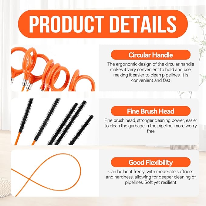 32" Drain Snake Hair Removal Tool, 5 Pcs Drain Clog Remover Tool - Flexible Anti-Break Bendable Drain Hair Remover for Sink, Shower, Tub & Toilet, Drain Cleaner with Grip Handle Orange
