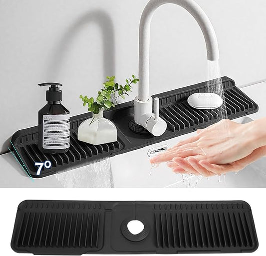 24"Longer Silicone Faucet Mat For Kitchen Sink Splash Guard -7° Slope Snap Lock- Sink Faucet Mat Splash Guard Kitchen Sink Area Silicone Sink Water Splash Guard Behind Faucet (Black, 24"x5.5")