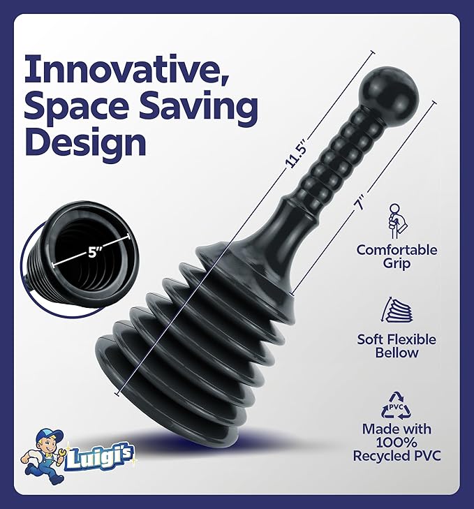 Luigi's Sink Plunger Kitchen - Sink Plunger Bathroom - Drain Bathtub or Shower - Small and Powerful Clog Remover - Commercial Style "Plumbers Plungers" with Large Bellows - Black - Small