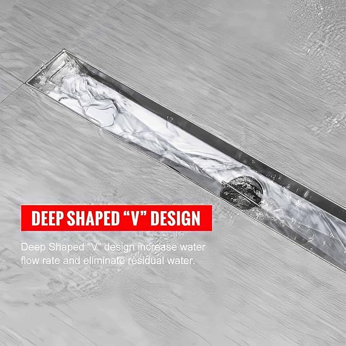 SaniteModar 24 inch Linear Shower Drain with Removable Square Hole Panel by Using Brushed 304 Stainless Steel Process, Linear Drain Equipped with Adjustable Feet and Hair Strainer