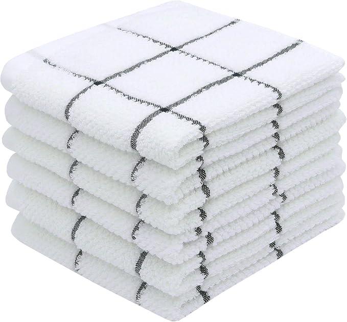 Cotton Dish Towels for Kitchen, Thick Terry Dish Rags 6 Pack, Absorben Dish Cloths for Washing Dishes,13 x 13 in, Soft Kitchen Washcloths Hand Towels (Black Grid)