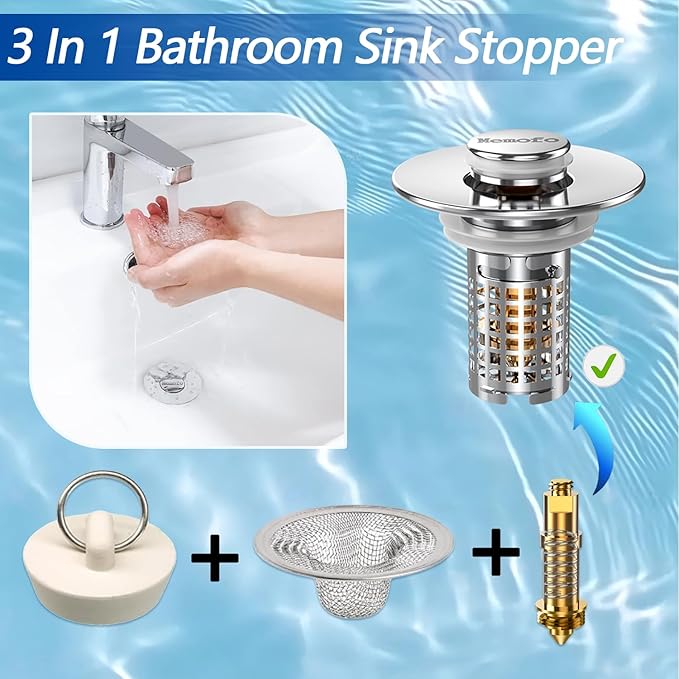 (2PCS) Bathroom Sink Drain Strainer, Stainless Steel Pop-up Strainer Basket Hair Catcher with Removable Basket, Brass Bullet Core, Universal Fit 1.1-2.36 Inch
