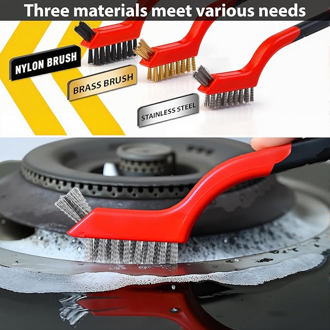 6 Pcs Heavy-Duty Cleaning Brush Set with Stainless Steel Brushes & Scraper - Includes U-Shape Brush, Dual-Head Brass/Nylon Brushes for Gas Stoves, Grills, Rust, Grease & Surface Prep