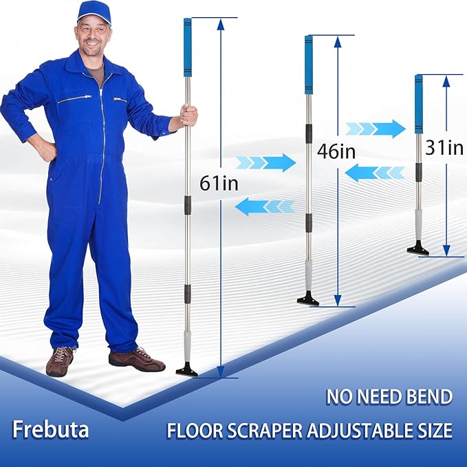 4"Razor Blade Floor Scraper with Long Handle,61in Adjustable Floor Scraper Heavy Duty with 10PCS Extra Metal Blades Paint Scraper for Cleaning Stickers Gum Glass Wall Tile Linoleum Stove Top