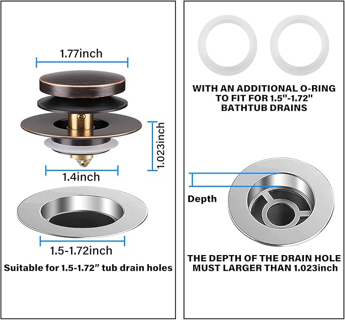 Bathtub Drain Stopper, Uxoz Universal Tub Stopper for Replacing Tip Toe/Trip Lever/Lift&Turn Tub Drain, Bath Tub Drain Stoppers Desiged for 1.5" to1.72 Drain Hole with 3 O-Rings, Oil Rubbed Bronze