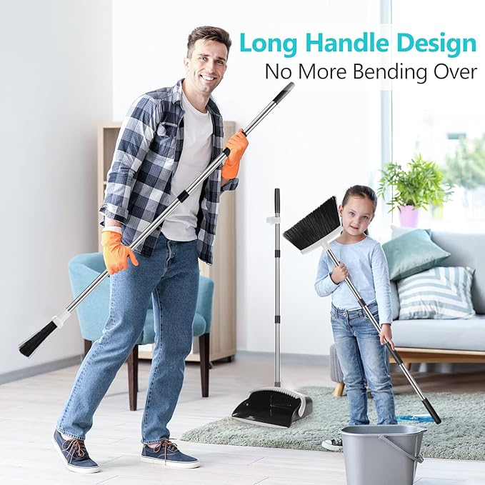 Aifacay Broom and Dustpan Set, Broom with Dustpan Sets, Long Handle Dust Pan, Standing Brooms Combo Set Heavy Duty for Home Kitchen Indoor Outdoor Lobby Office Collapsible Dust pan with Cleaning Teeth