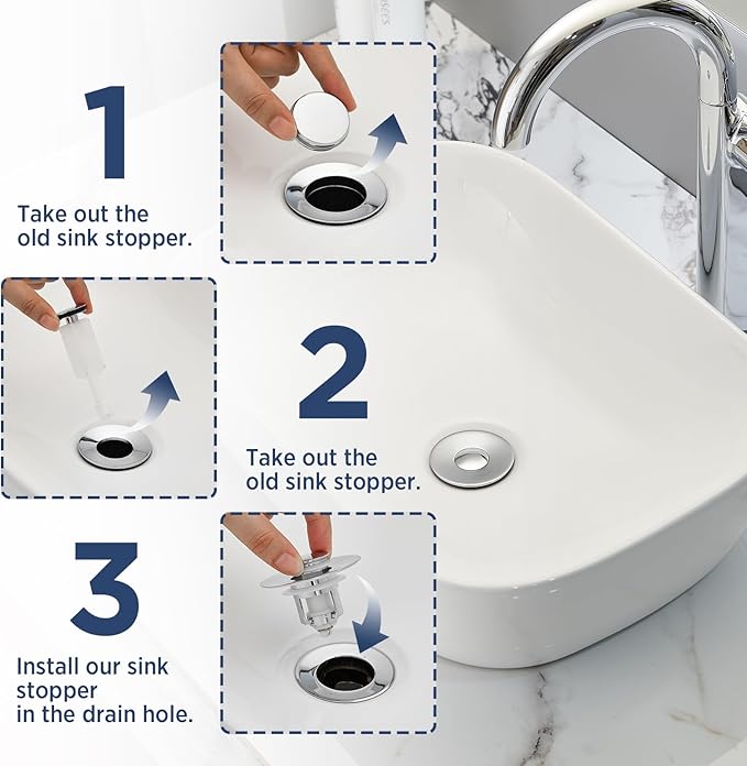 Universal 2 in 1Bathroom Sink Stopper, 1 Pack Pop Up Bathroom Sink Drain Strainer for 1.06"-1.65" Basin Drain Holes, Anti Clogging Drain Filter(Chrome Silver)
