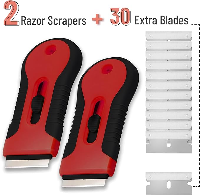 Bates- Razor Blade Scraper Tool, 2 Pack, 30 Extra Stainless Steel Blades, Anti-Slip Ergonomic Handle Design, Razor Scraper Set for Cleaning Window, Paint, Oven, Glass, Stove