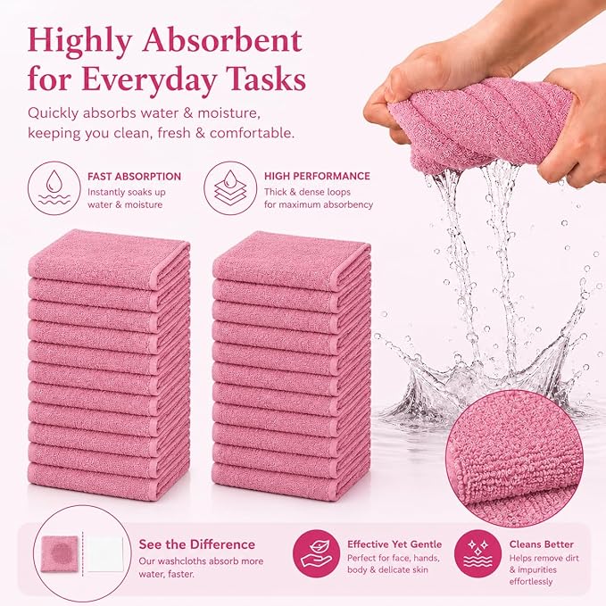 24 Pack Washcloths, 12x12 Lightweight Cleaning Towels, 100% Ring Spun Cotton, Bulk Utility Rags for Kitchen, Cleaning, Workshop, Garage, Reuseable and Long Lasting (Mauve/Dust Rose)