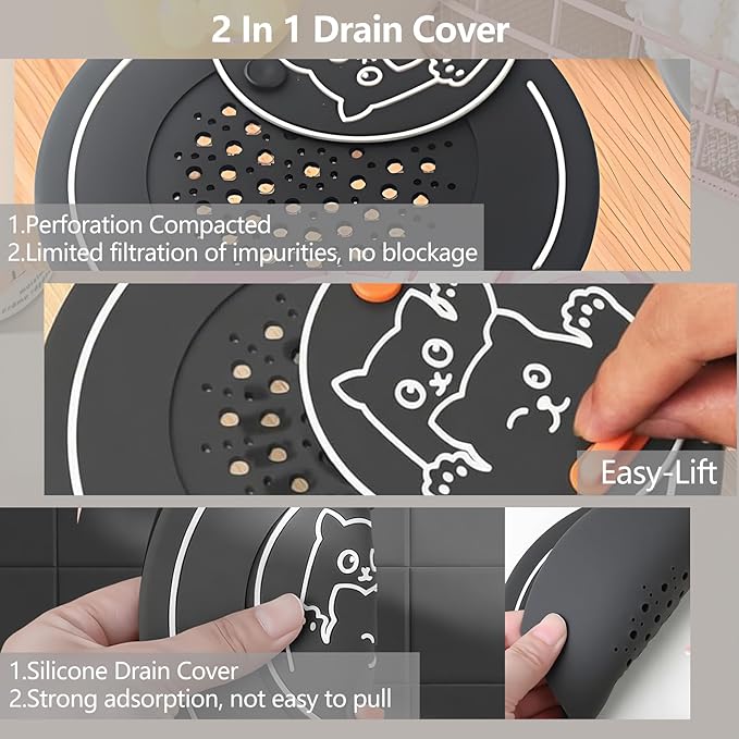 2-in-1 Shower Drain Hair Catcher & Bathtub Drain Cover, Odor-Proof Silicone Hair Stopper for Bathroom, Tub, Sink, Kitchen, Laundry - Prevents Clogs and Unpleasant Smells (2, Grey)