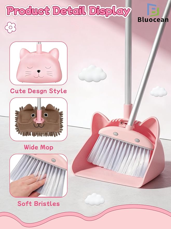 28'' Kids Mini Broom with Dustpan & Mop Set - Toddler Cleaning Toy, Toddler Household Helper, Parent-Child Interactive Play Cleaning Tool, Cute Cartoon Design, Small Safe Corner Broom (Pink)